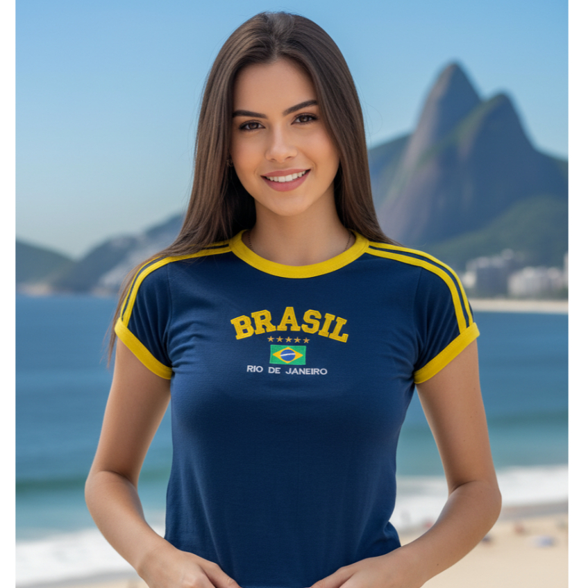 Camisa Brasil Bordada BabyLook Feminina