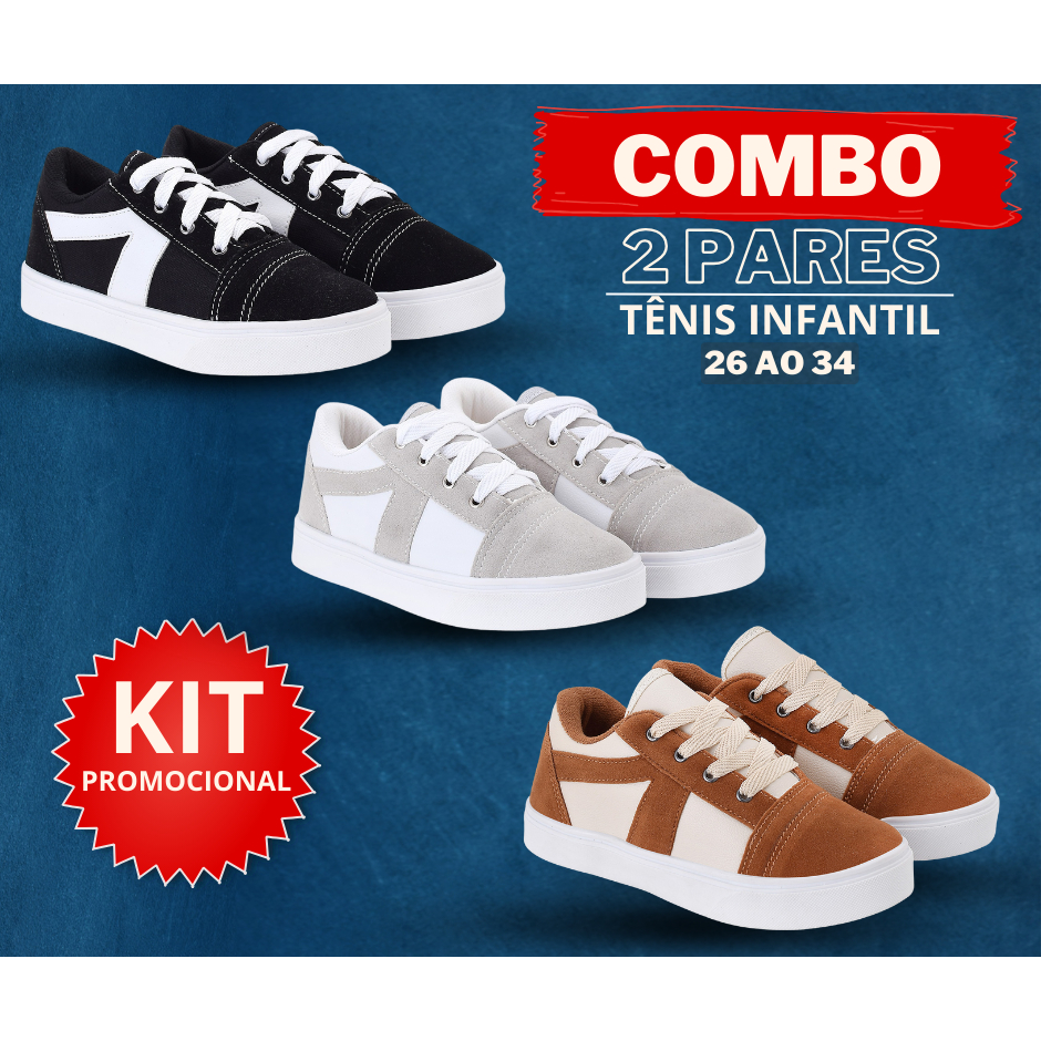 Kit 2 Tênis Infantil para Gêmeos Unissex 26 ao 34 Combo Promoção Lançamento Sola Reta