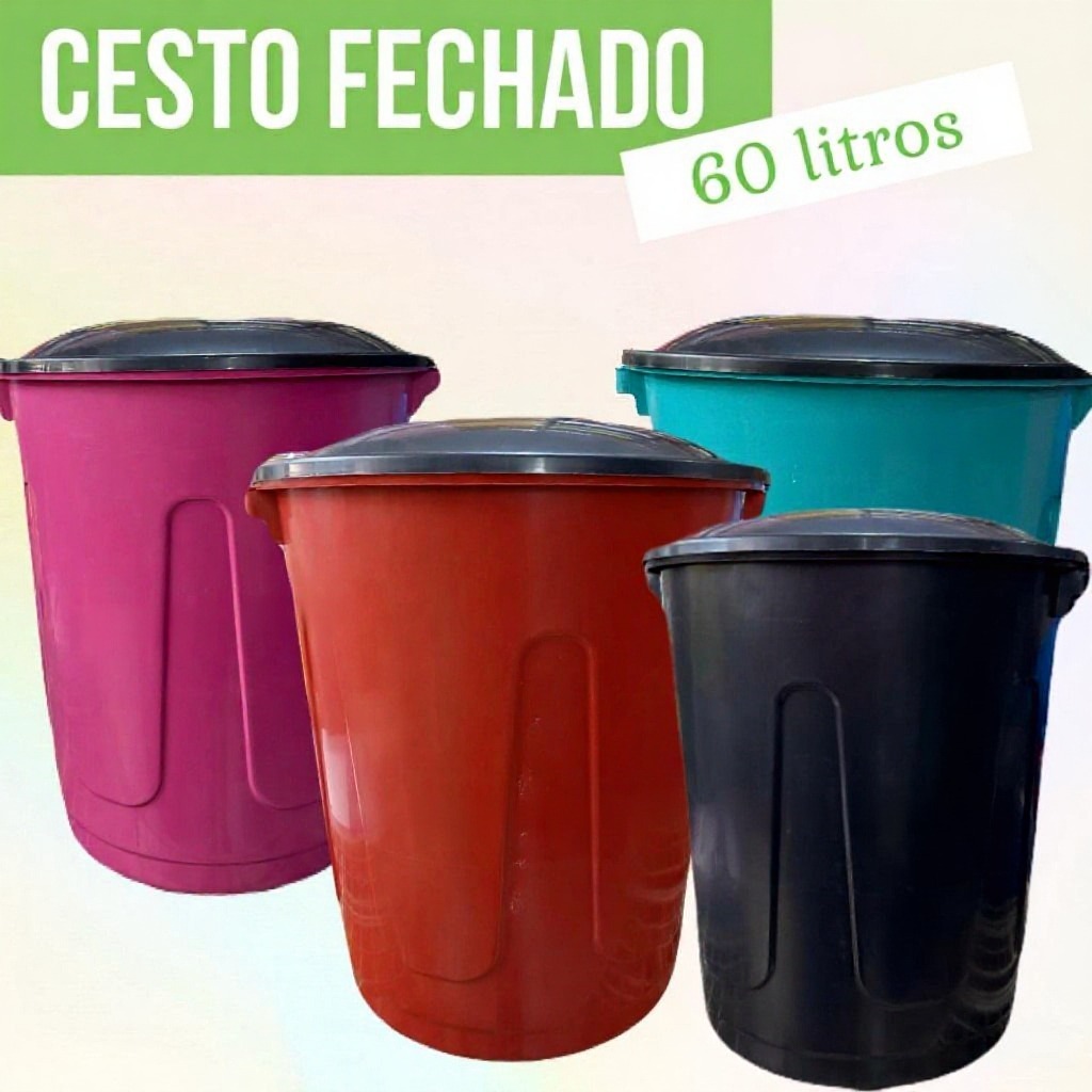 Cesto Organizador Lixeira Lixão Balde com Tampa 60 Litros/Cesto Fechado 53 litros Preto Plasnew