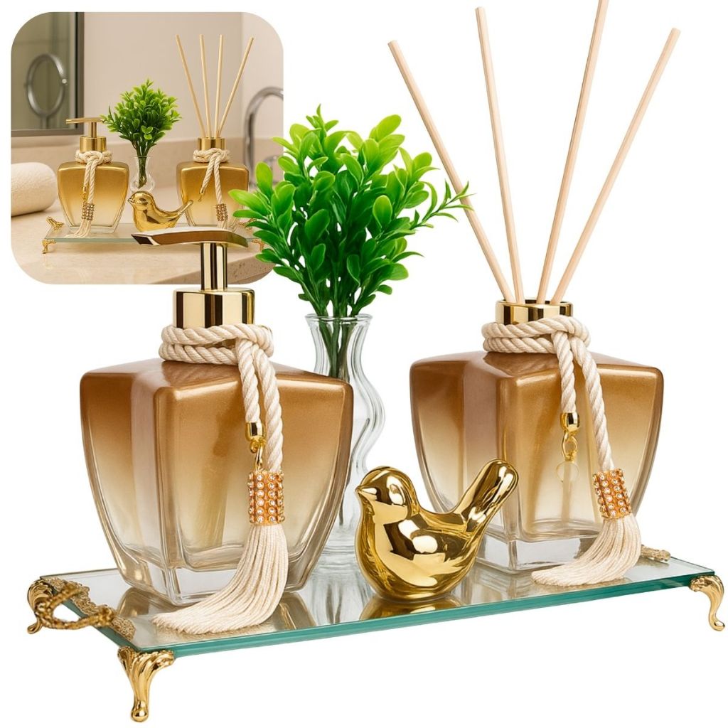 Kit Lavabo Banheiro Luxo Porta Sabonete e Difusor  C/ Bandeja + Enfeites