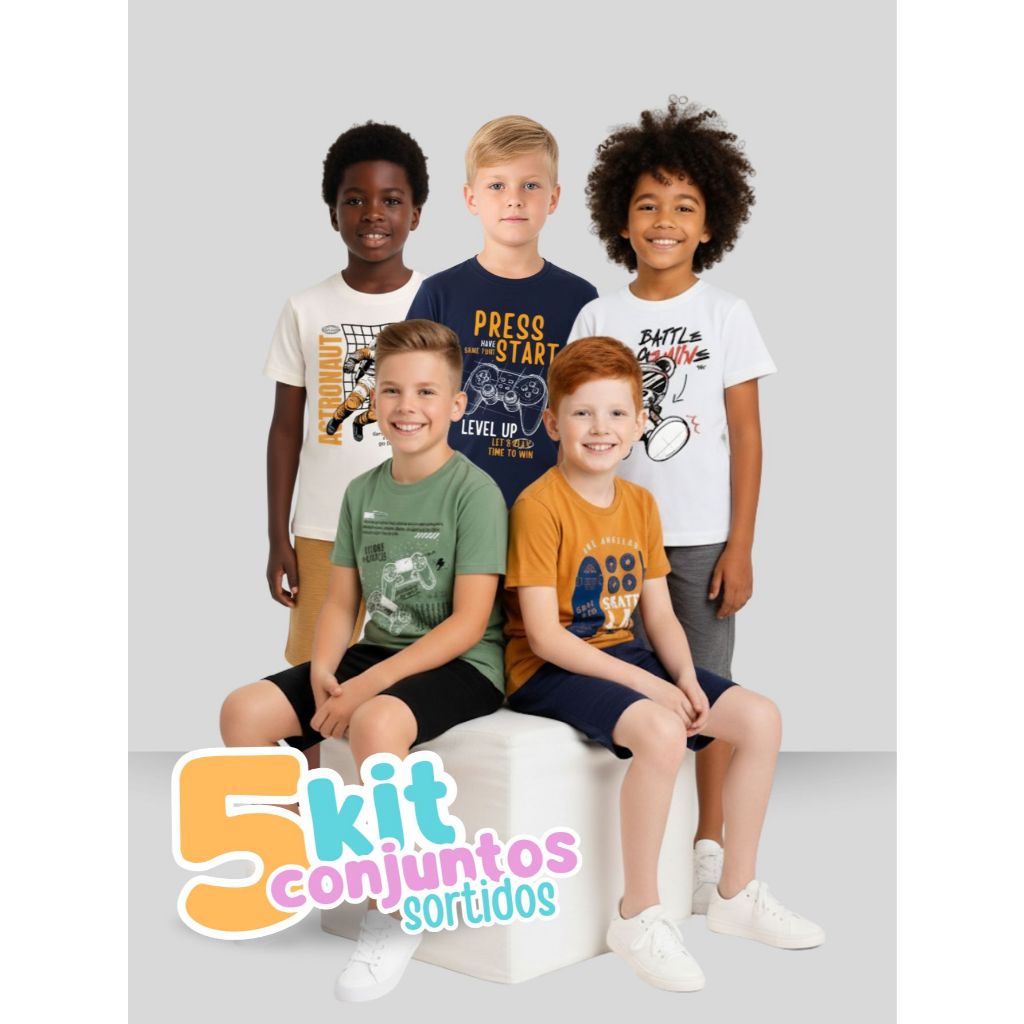 Kit 5 Conjunto Infantil Menino 5 Camisetas + 5 Bermudas Juvenil Masculino