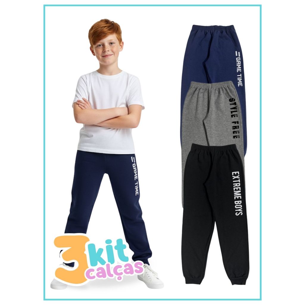 Kit 3 Calça Infantil Masculino Moletom com Estampa Lateral Roupa Infantil