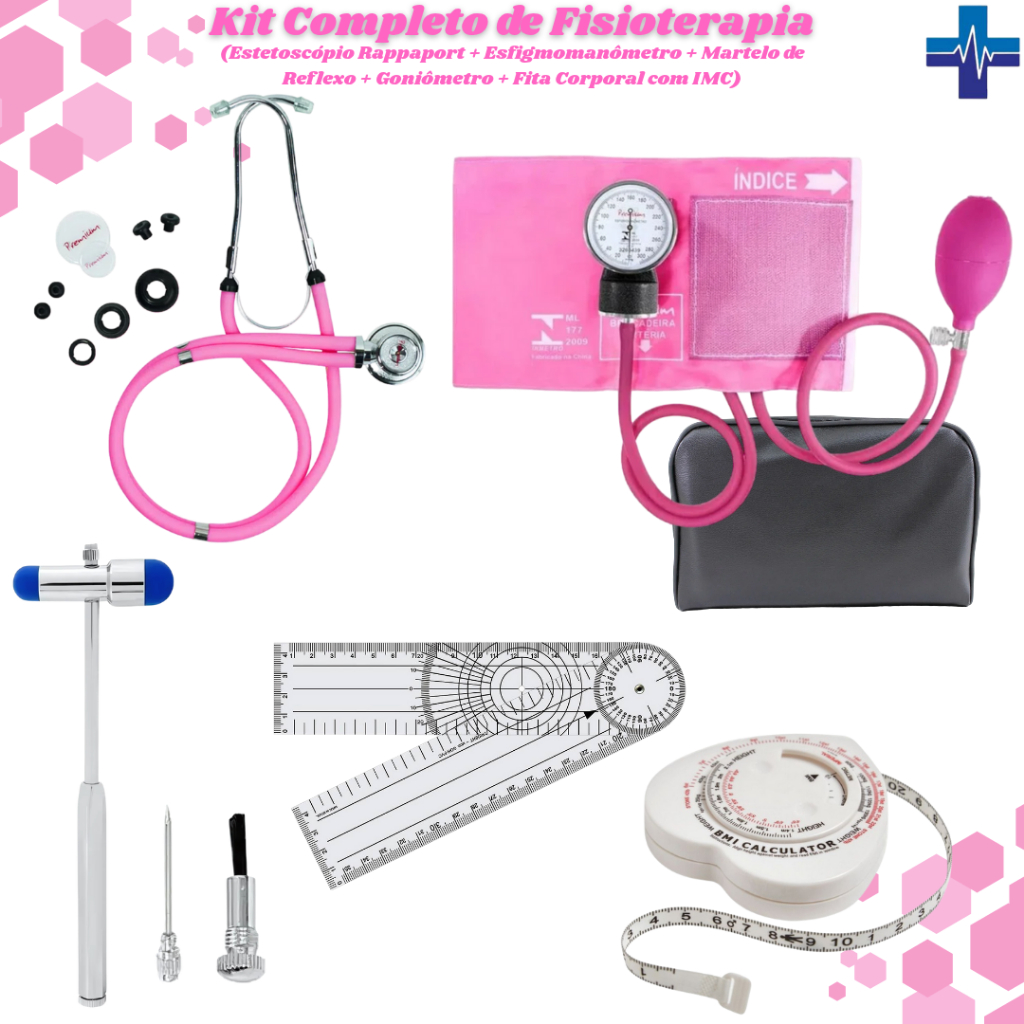 Kit de Fisioterapia para Estágio: Aparelho de Pressão, Esteto, Fita de IMC, Goniômetro, Martelo de Reflexo e Estojo