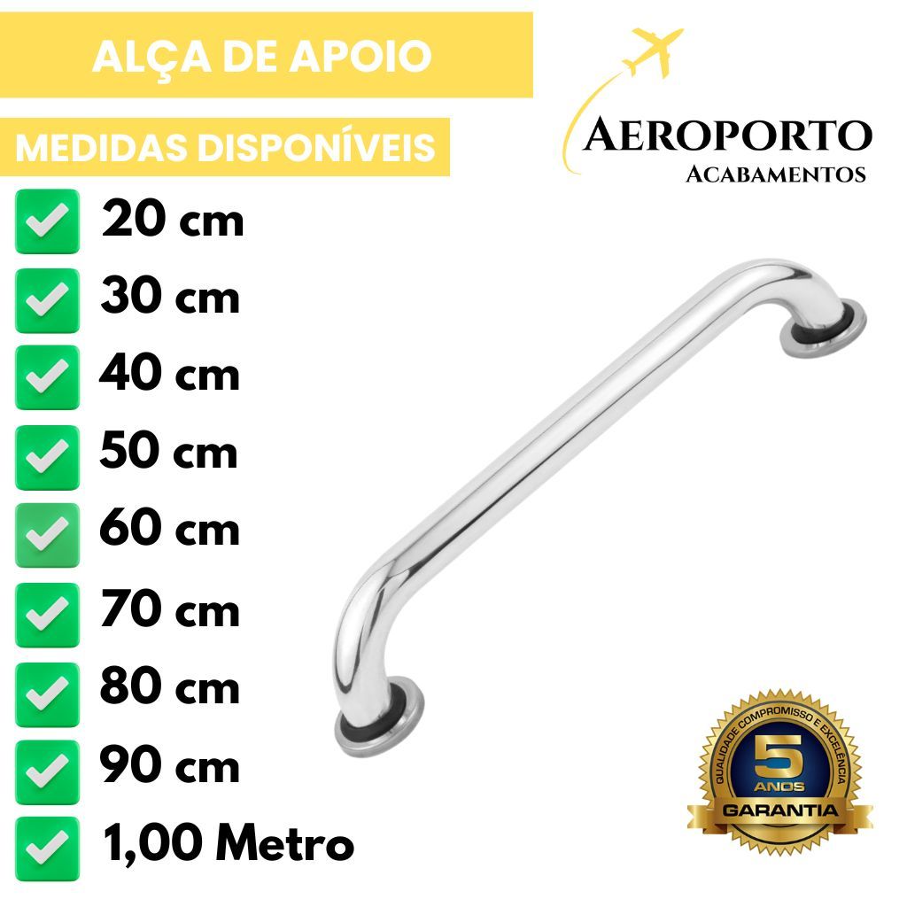 Alça de Apoio Alumínio Cromado 20cm a 1m – Corrimão, Barra de Apoio Banheiro Segurança Idosos PCD