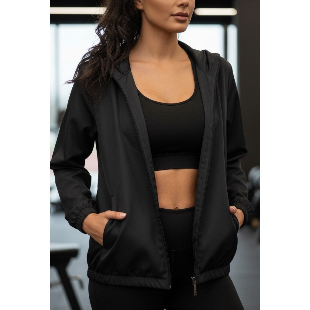 Corta Vento Feminina Tactel com Bolsos Laterais/ Capuz e Zíper Colorido Tendencia Moda Esportiva