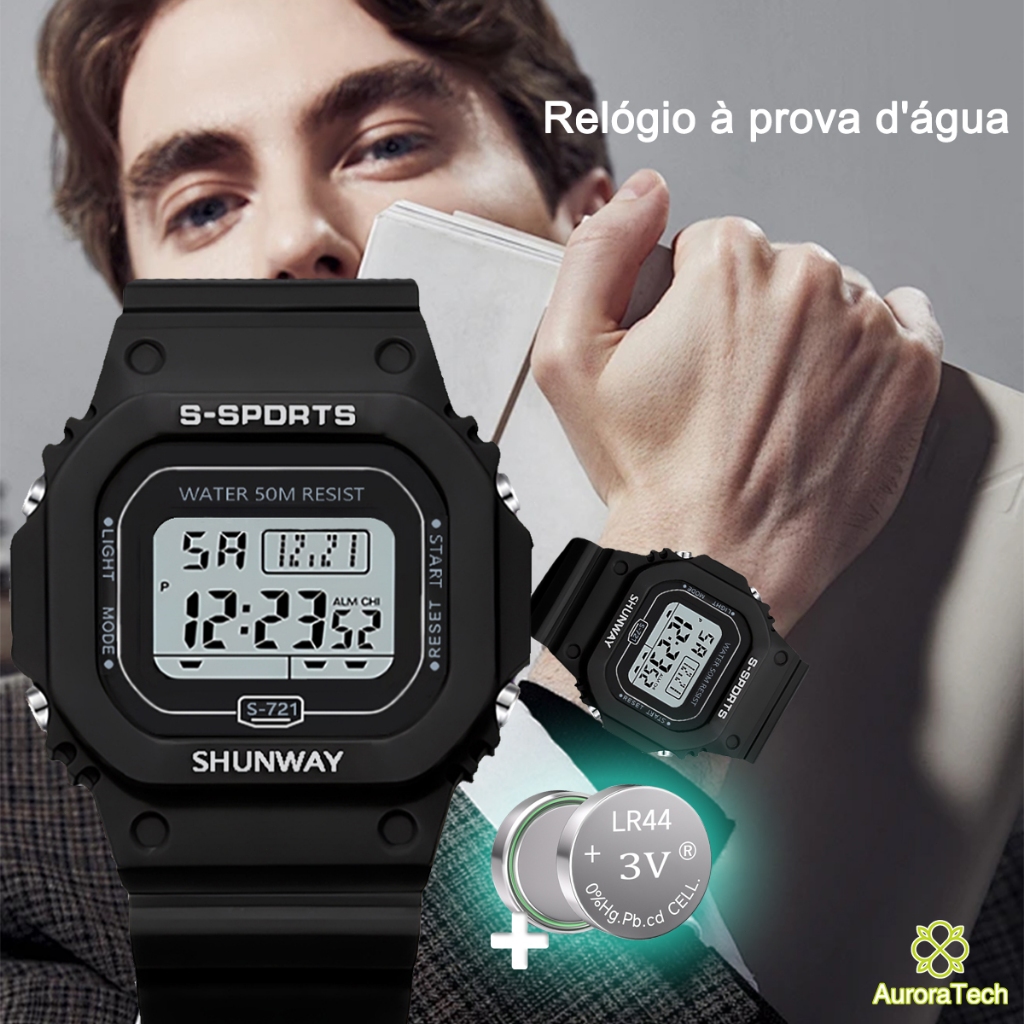 Relógio Digital Masculino à Prova D'água Relógios De Pulso LED Luminoso Unissex Para Esportes Preto