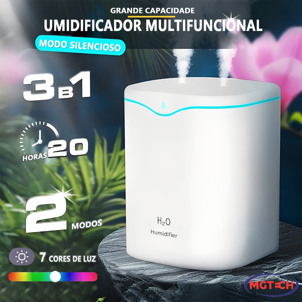 Grande Umidificador De Ar Aromatizador De Ambiente Com Bico Duplo Difusor Elétrico Usb Led 2000ml