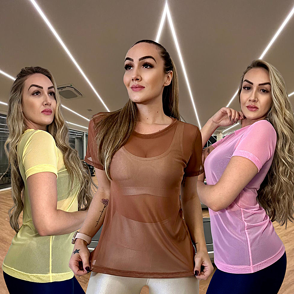 Blusa Feminina de Tulê Transparente Academia Treino Corrida Caminhada Copa
