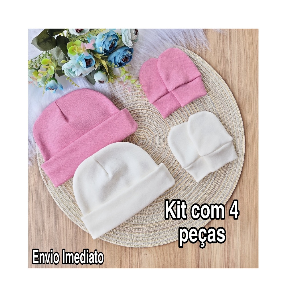 Kit 2 Touca e 2 Luva Para Bebê Recém Nascido 100% Algodão Antialérgico Maternidade Enxoval Gestante