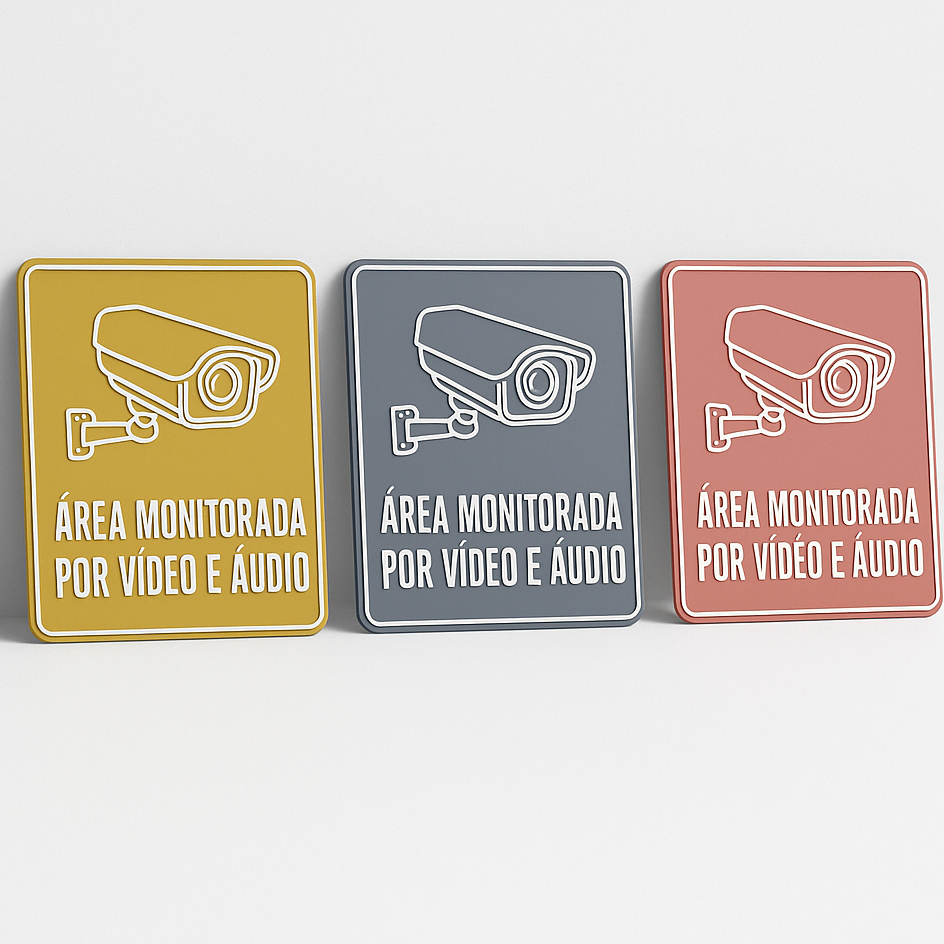 Placa Área Monitorada Por Video E Áudio Sinalização Segurança Câmera Em Acrílico Espelhado