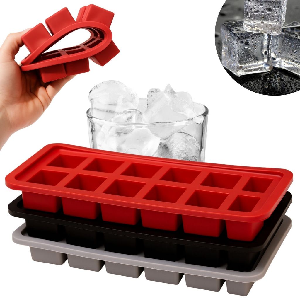 Kit 1 / 2 / 3 Forma de Gelo Quadrado Silicone com 12 Cavidades Grande Bebida Gelada Fácil de Soltar