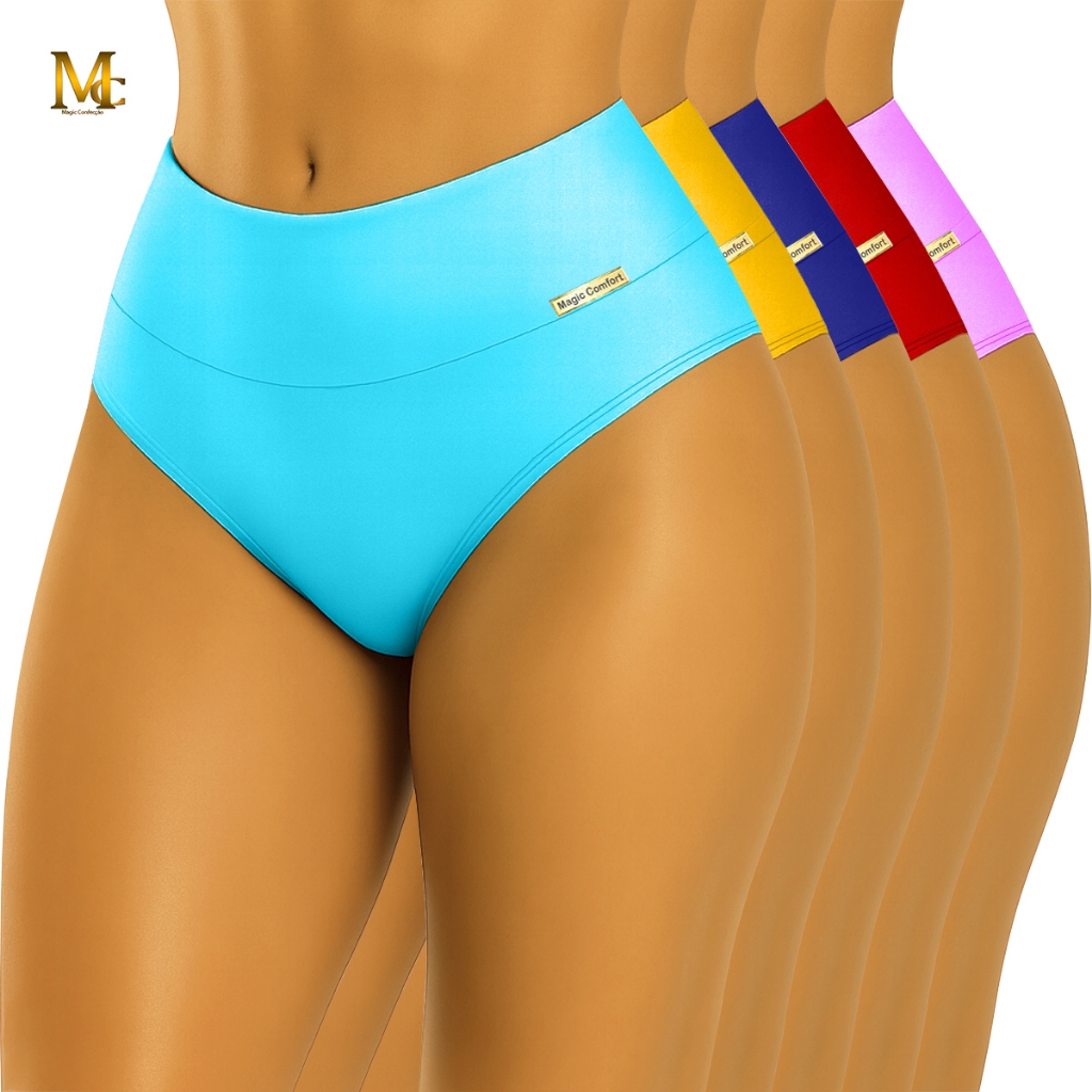 5 Calcinha Cós Alto Feminina Modeladora Cós Duplo Microfibra Confortável Promoção Magic