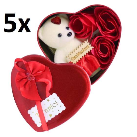 KIT 5 LATAS Caixa Coração de metal Com Ursinho e Rosas presente namorada esposa amiga mãe