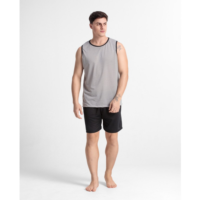Pijama Masculino Regata e Short Estampados Adulto Decote Redondo Conjunto Conforto