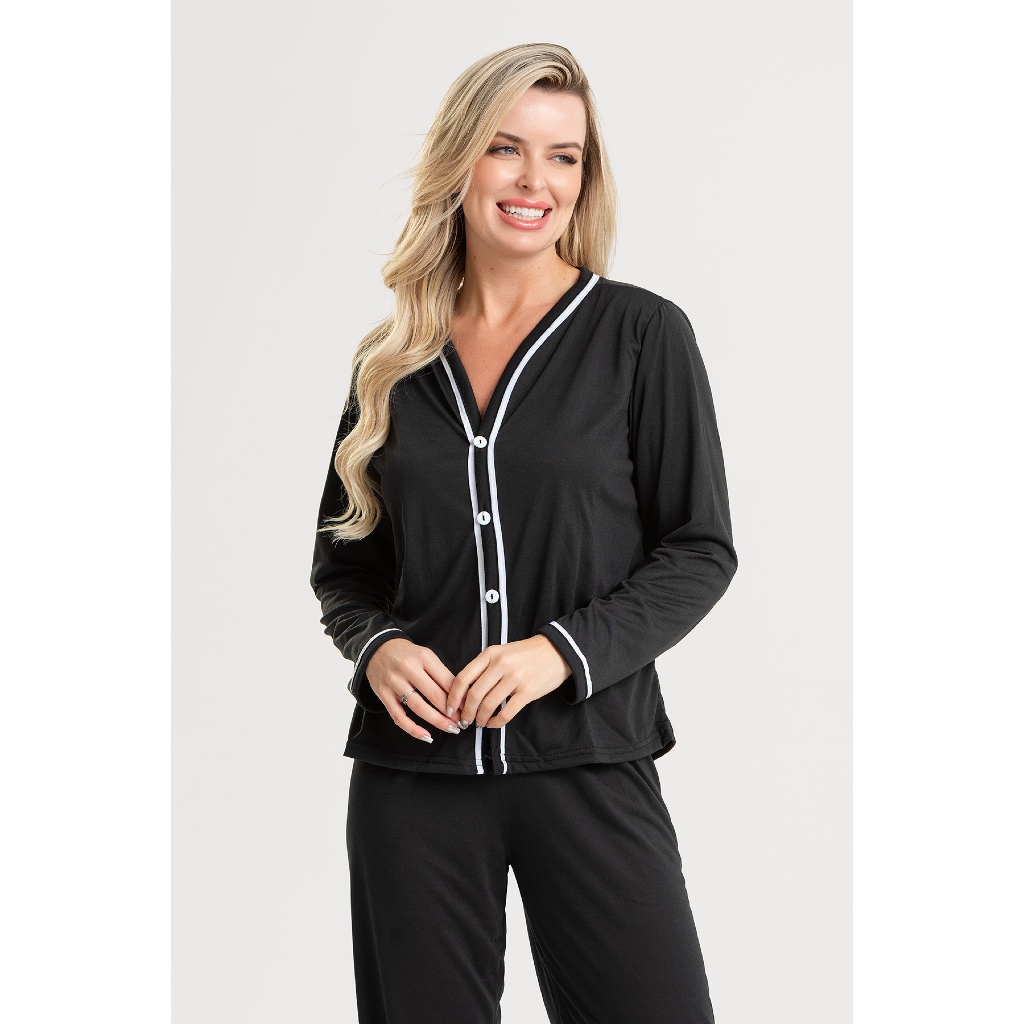 Pijama Longo Americano de Botão Feminino – Roupa de Dormir Adulto Inverno