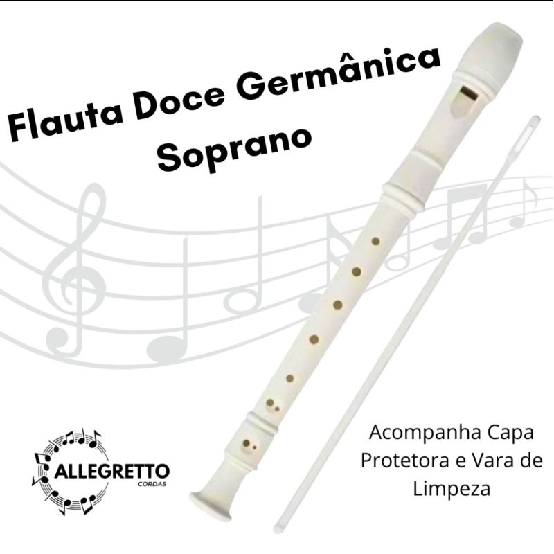 Flauta doce soprano modelo gemânica + capa de proteção + uma vareta de limpeza