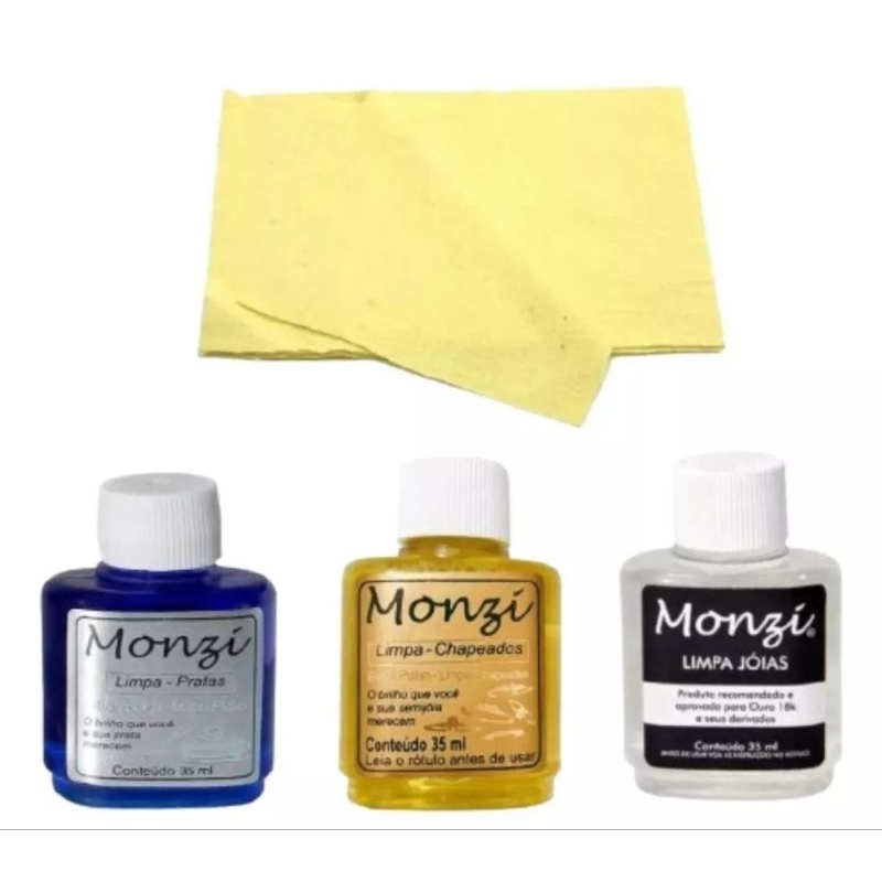 Kit Limpa Prata + Limpa Chapeado + Limpa Ouro Monzi de 35 ml + Flanela Mágica