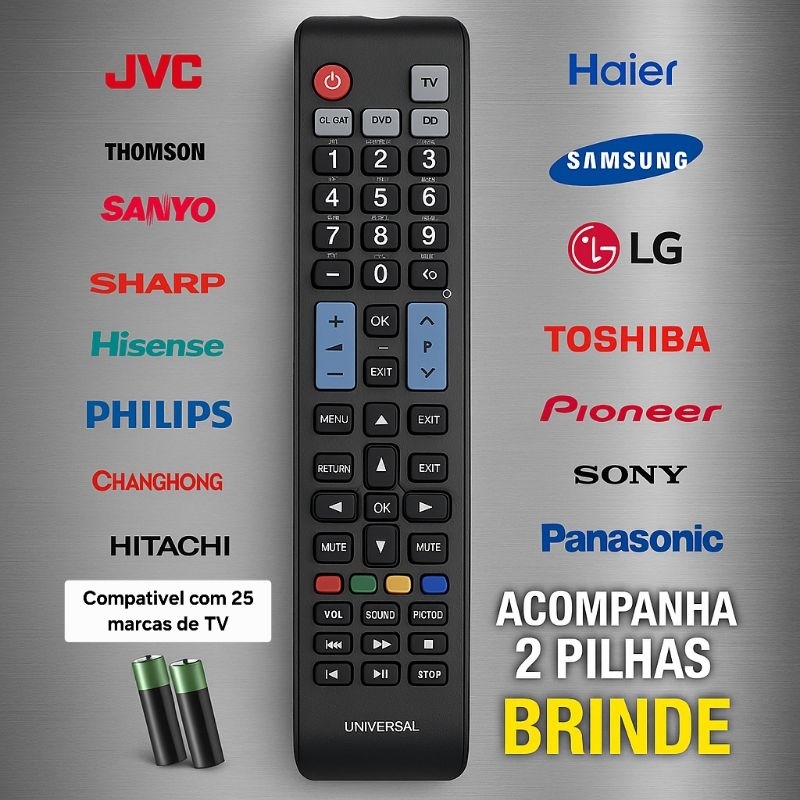 Controle Remoto Universal TV Smart LCD LED 25 Marcas Fácil Configuração + 2 Pilhas Brinde