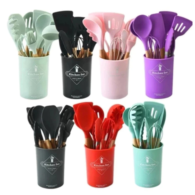 Jogo De Cozinha Kit C/12 Peças De Premium Silicone Utensílios E Copo Suporte Para Cabo De Madeira