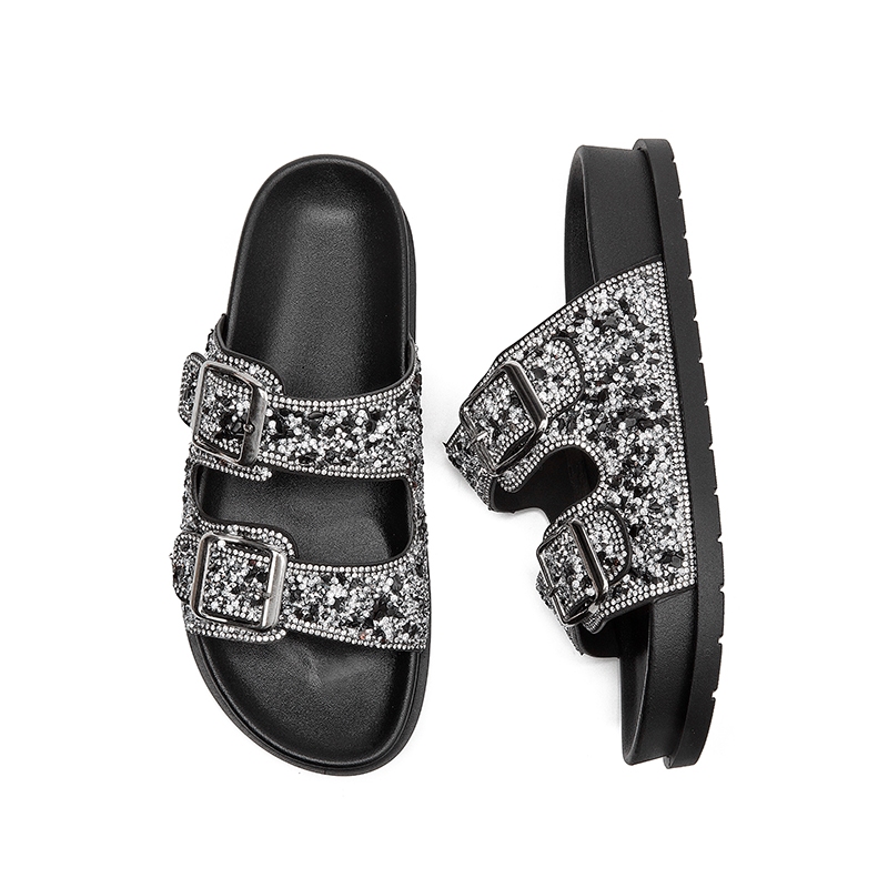 Sandália Birken Papete feminina Fivela ajustável de strass de luxo design MEIJILE