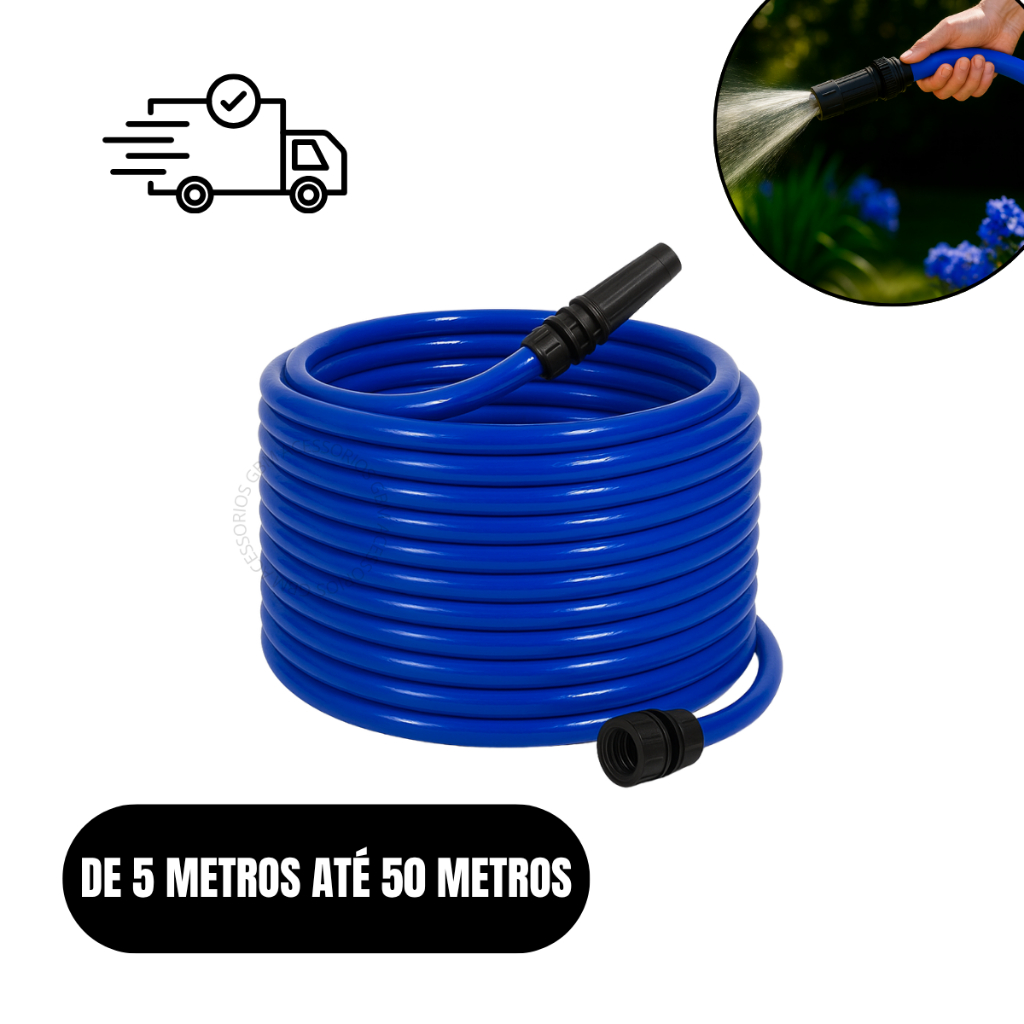 Mangueira de Jardim Azul Lisa Flexível e Resistente 5m a 50m Completa com Esguicho