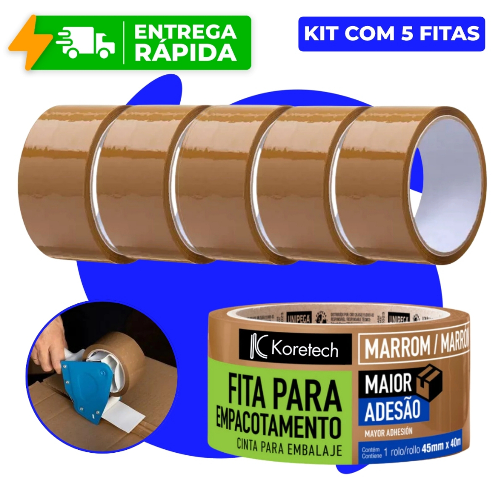 Kit 5 Fitas Empacotamento Adesiva Marrom Caixa Embalagem E-Commerce Papelão (45mm x 40m) Koretech