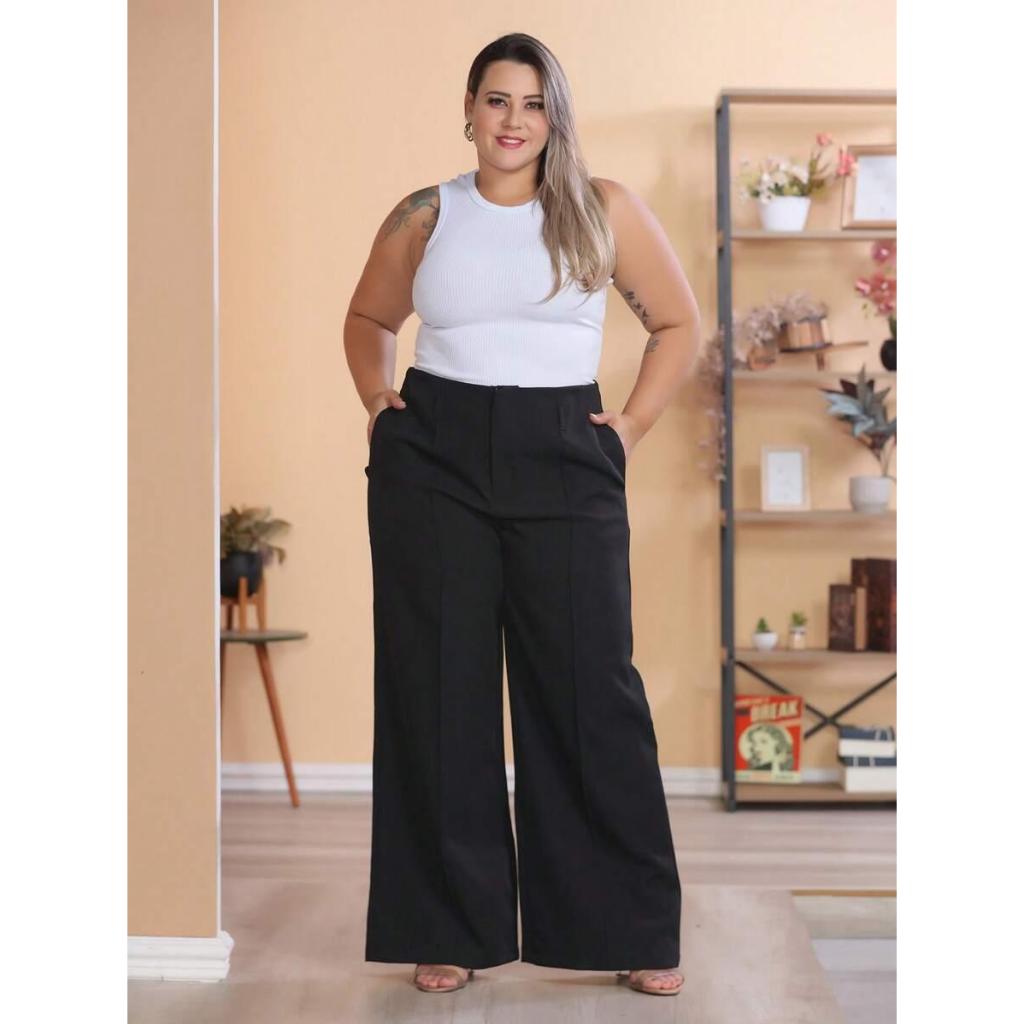 Calça Alfaiataria Pantalona Plus Size C/ Cinto G1-G4 Social Casual Elegante ZR Moda Feminina