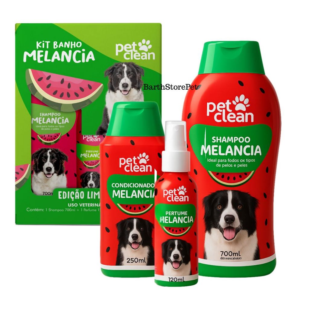 Pet Clean Kit Banho Melancia para Cães Shampoo 700ml + Condicionador 250ml + Perfume 120ml