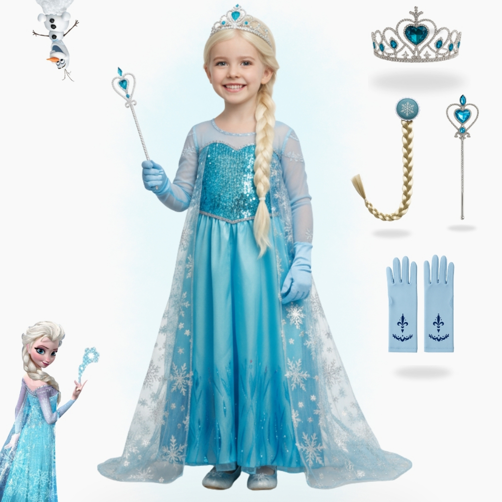 Fantasia Vestido Infantil Elsa Frozen Com Capa E Acessórios Festa Hallowen Crianças