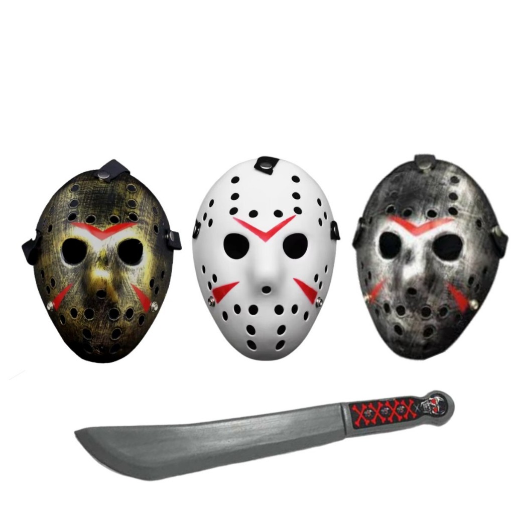 Máscara e Facão de Plástico Jason Voorheels Sexta-feira 13 Fantasia Halloween Cosplay Festa Completo