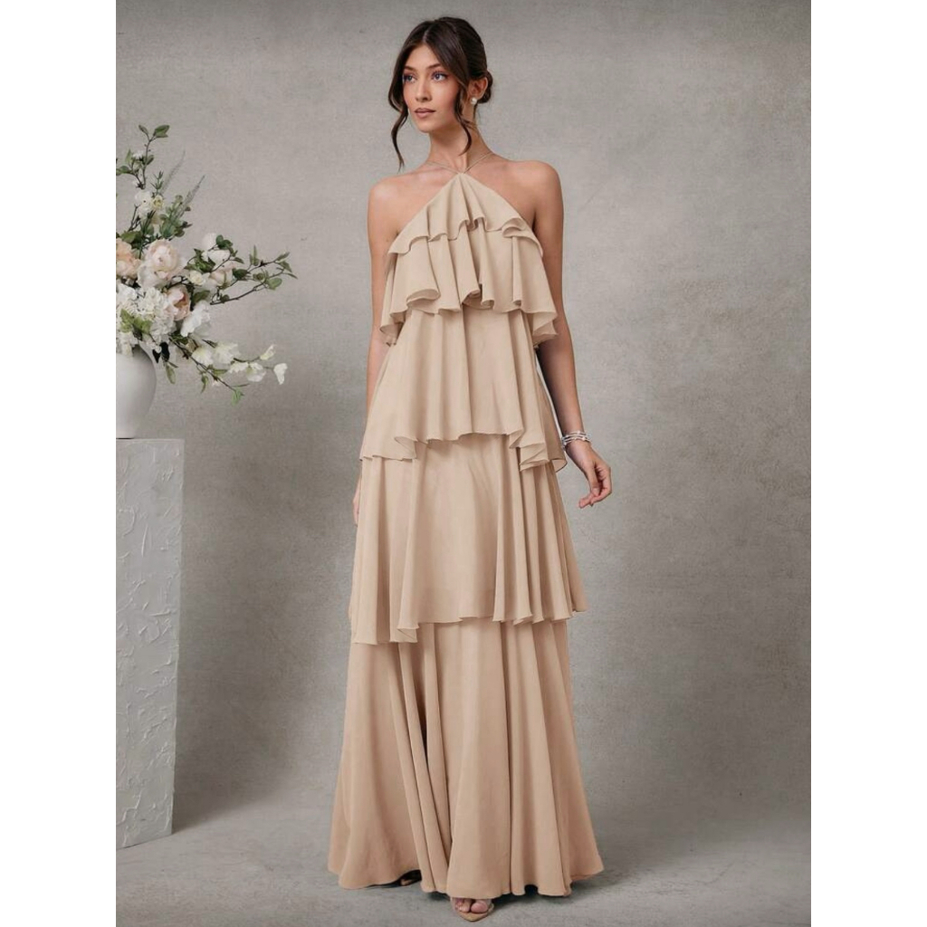 Vestido Elegante e Romântico de Convidado de Casamento Longo Maxi de Chiffon com Detalhe Franzido e Decote Halter Sólido