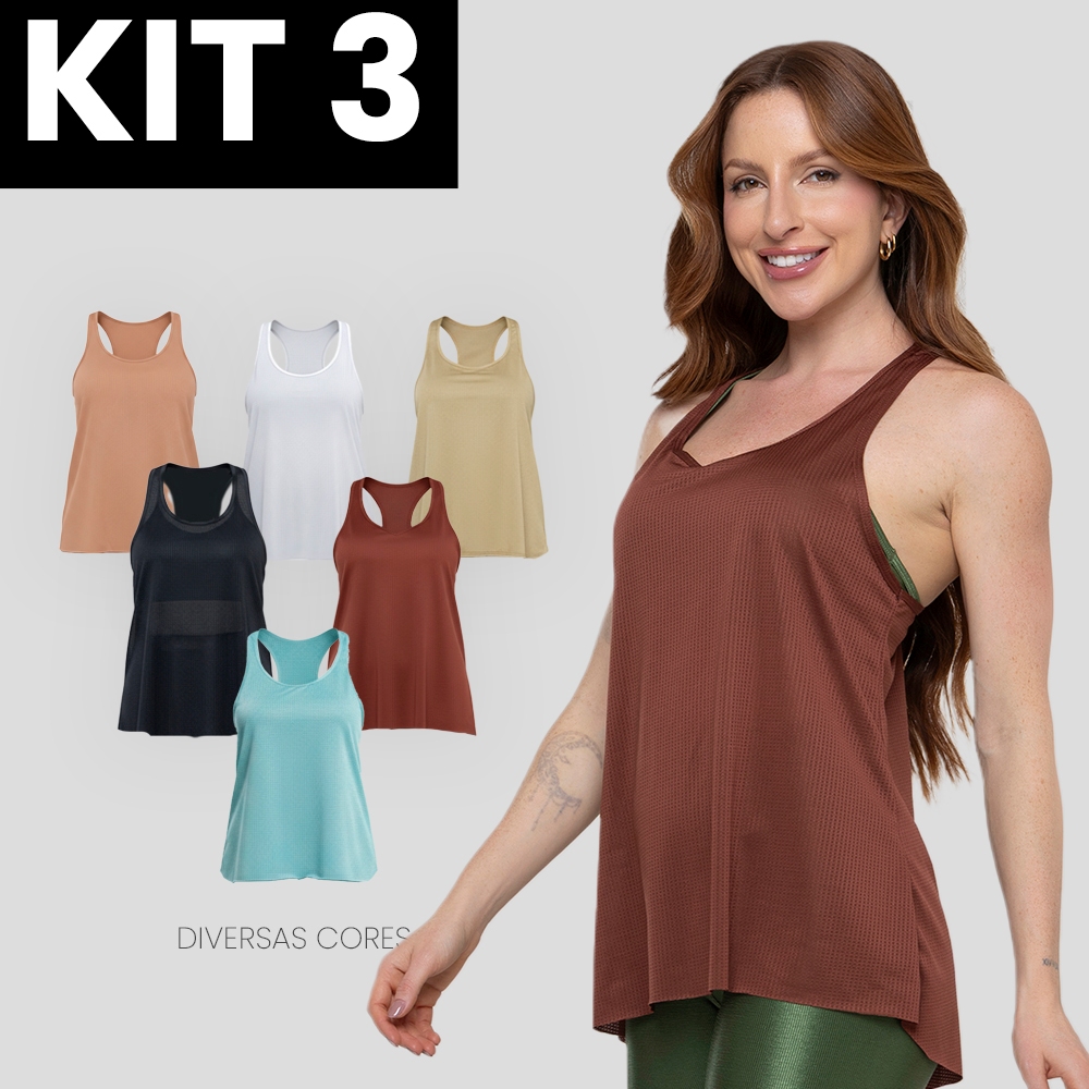 Kit 3 Regatas Fitness Femininas Básicas Lisas – Modelo Nadador Corte a Fio Academia e Treino