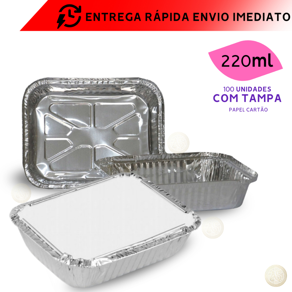 Marmita de Alumínio Com Tampa Retangular 220ml M90 Para Bolos Empadas Lembrancinhas 100 Unidades Descartável Micro Ondas