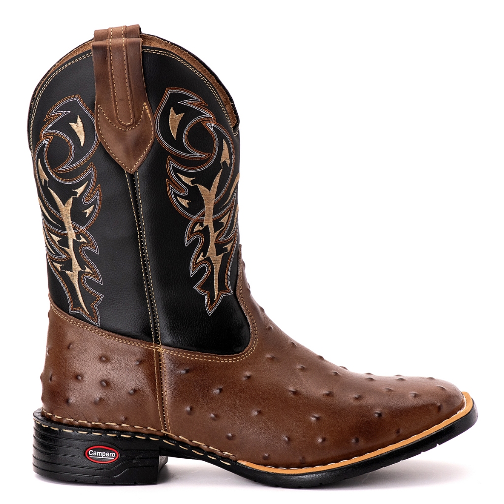 Bota Campero Texana Couro Avestuz Bico Quadrado Peão Rodeio Feminina Masculino Unisex