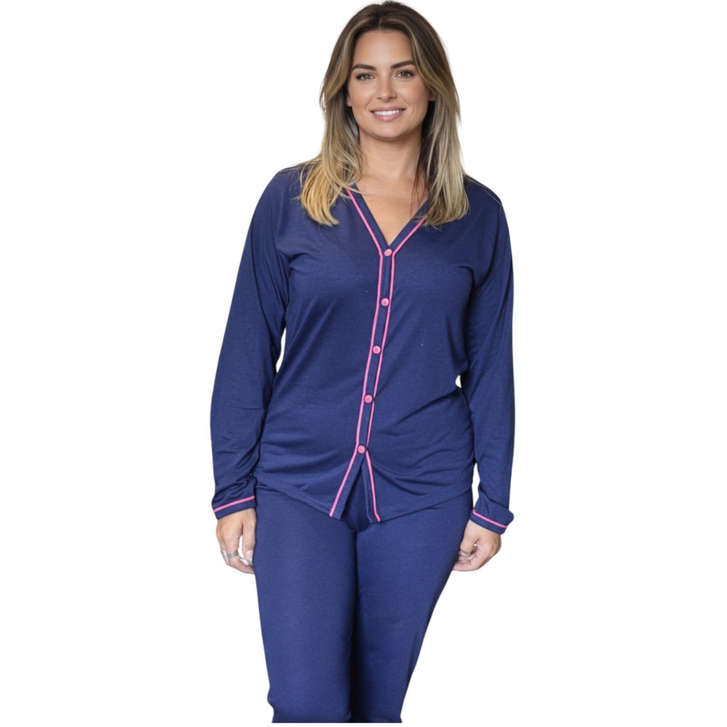 Pijama Amamentação Americano Estampado Baby Doll Manga Longa de Malha com Botões