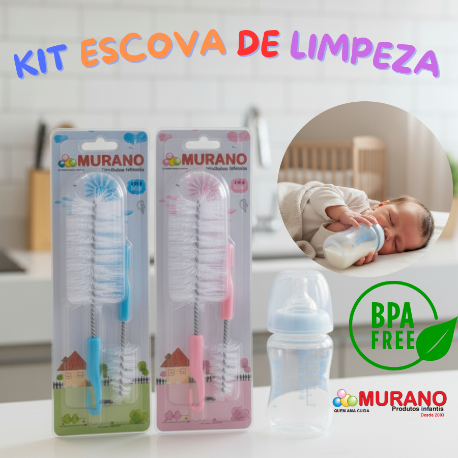 Kit 1-5 Escovas Higiene Limpeza para Mamadeira e Bico – Murano | 2 Escovas MEGA