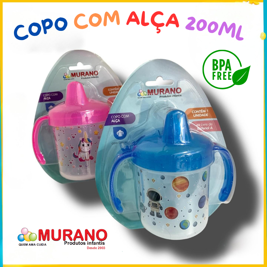 Copo com Alça 200ml Murano  Bebê Livre de BPA |  Infantil  Azul e Rosa REF 140-E MEGA