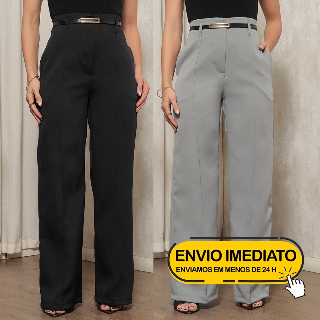 KIT 2 calça social  alfaiataria pantalona feminina cintura alta com cinto ziper na lateral