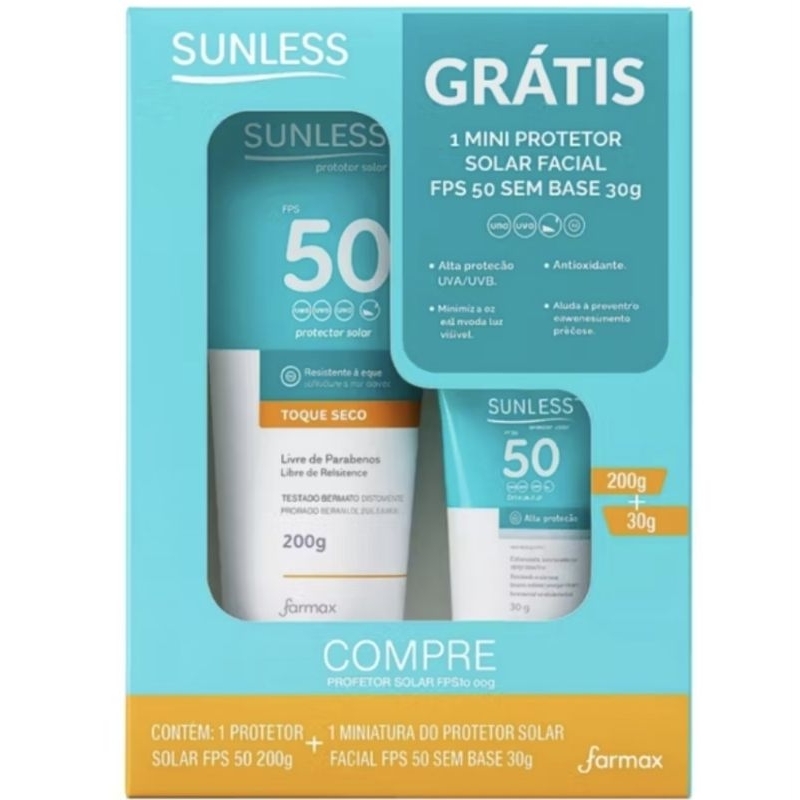 PROTETOR SOLAR SUNLESS FPS 50 200G TOQUE SECO + FACIAL SEM BASE FPS 50 30G