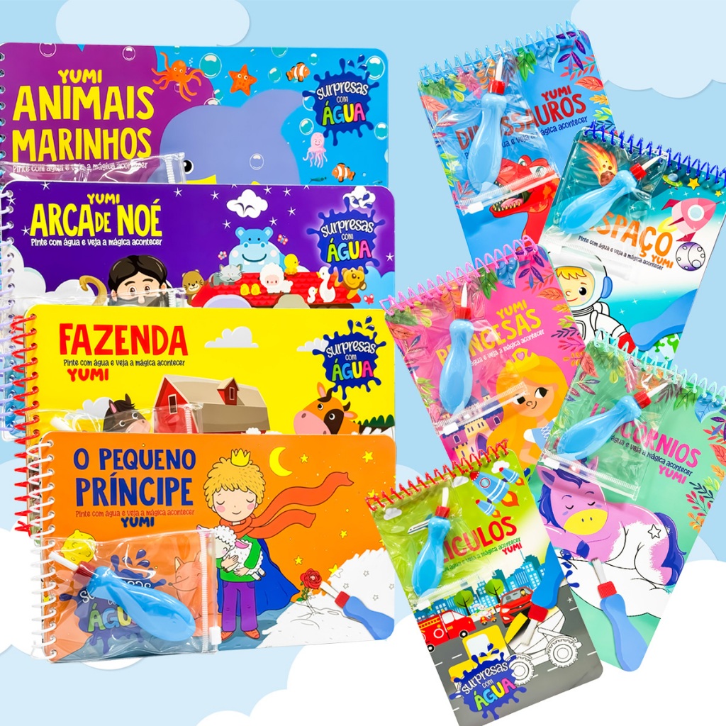 Coleção Agua book / Aquabook com Pincel Para Colorir Com Agua Livro Infantil