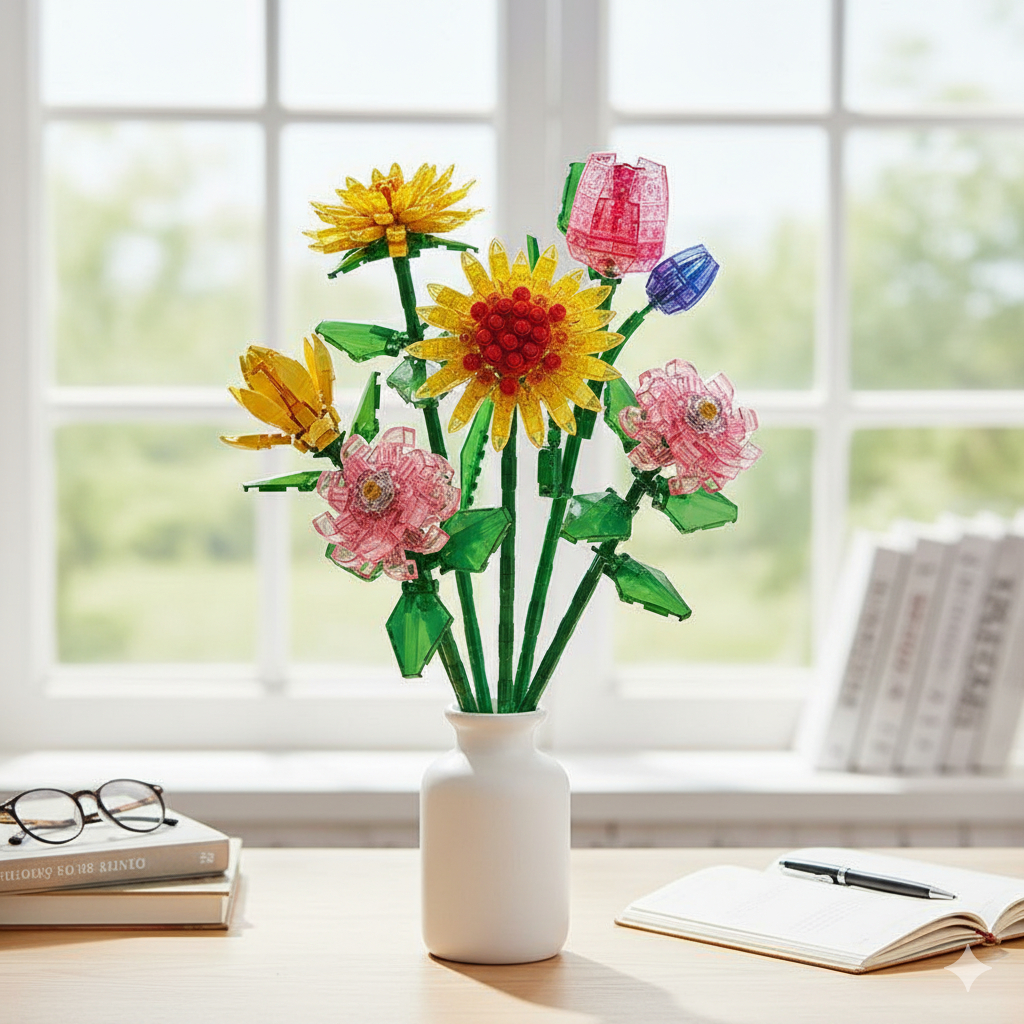 Bloco de Montar Bricks | Flores Artificiais Decorativas em Acrílico | Kit Buquê Presente