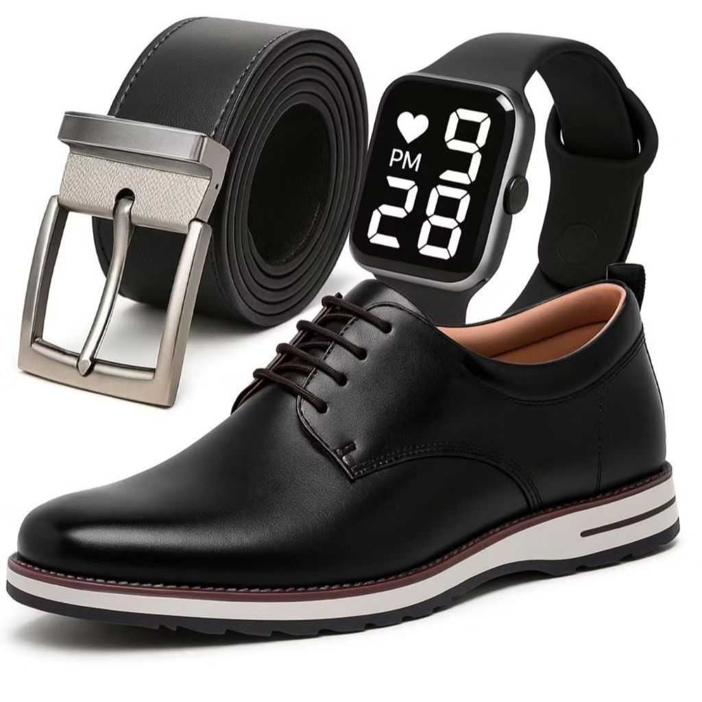 Sapato Social Masculino Oxford Ingles Elegante de Couro Premium e Solado Costurado Super Leve Top + Relógio e Carteira