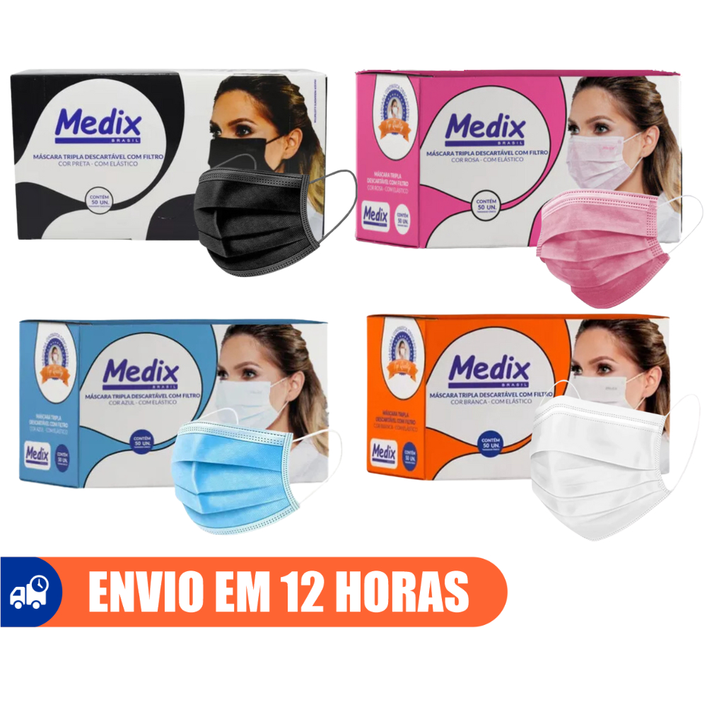 Máscara Descartável Cirúrgica Azul Branca Preto Rosa 50un 150un Medix