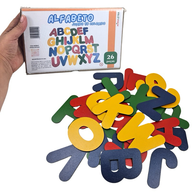 Alfabeto Jumbo Grande MDF - Letras Coloridas para Educação Infantil com Caixa