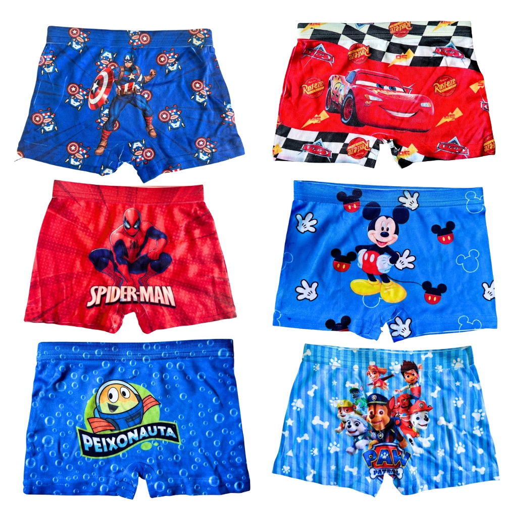 Kit 5 e 10 cuecas box sublimada estampas de personagens meninos menino 1 a 3 anos