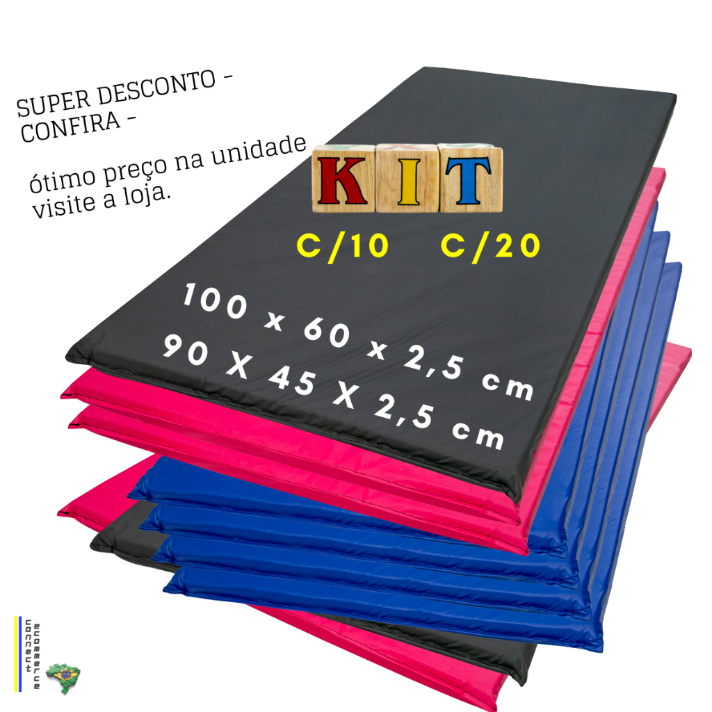 KIT 10 colchonete 1m- 100x60x3/2,5- 90x45x2,5 cm exercícios escolas academia, ginástica creches.
