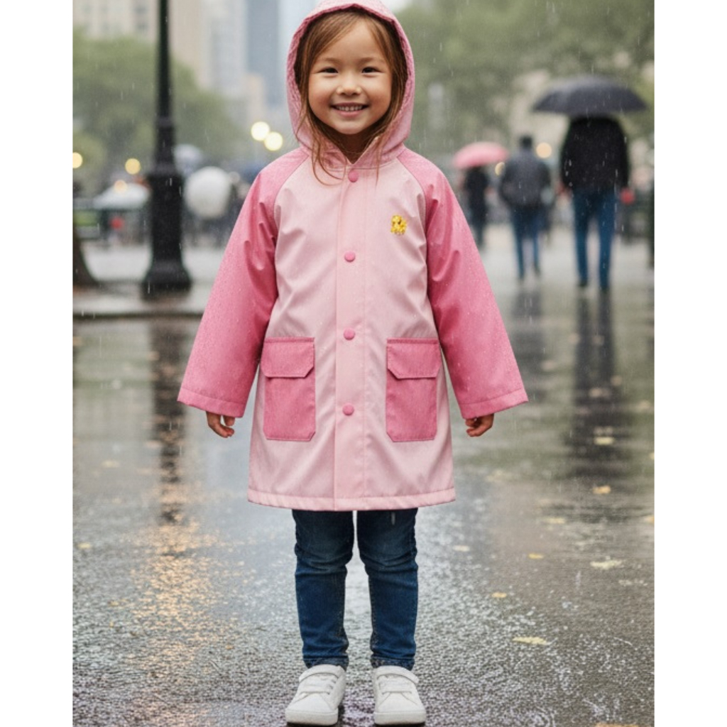 Capa de Chuva Infantil Rosa com Capuz e Bolsos – PVC Impermeável Menina