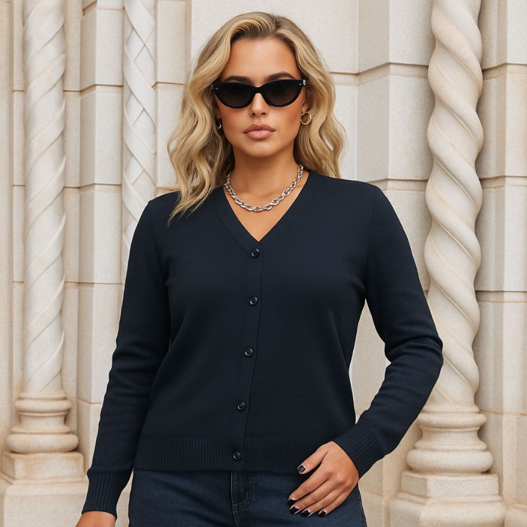 Casaco Cardigan Tricot com Elastano | Suéter Liso com Botões, Confortável e Estiloso para o Inverno