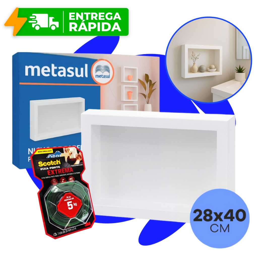 Nicho de Parede Sobrepor + Fita 3M 28x40cm Banheiro Porta Shampoo Quarto Sala Multiuso Branco
