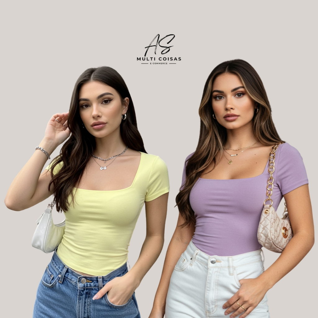 Kit 2 Blusinhas Baby Look Gola Quadrada -  Estilosa - Varias Cores No Tecido Suplex - Verão Tendencia